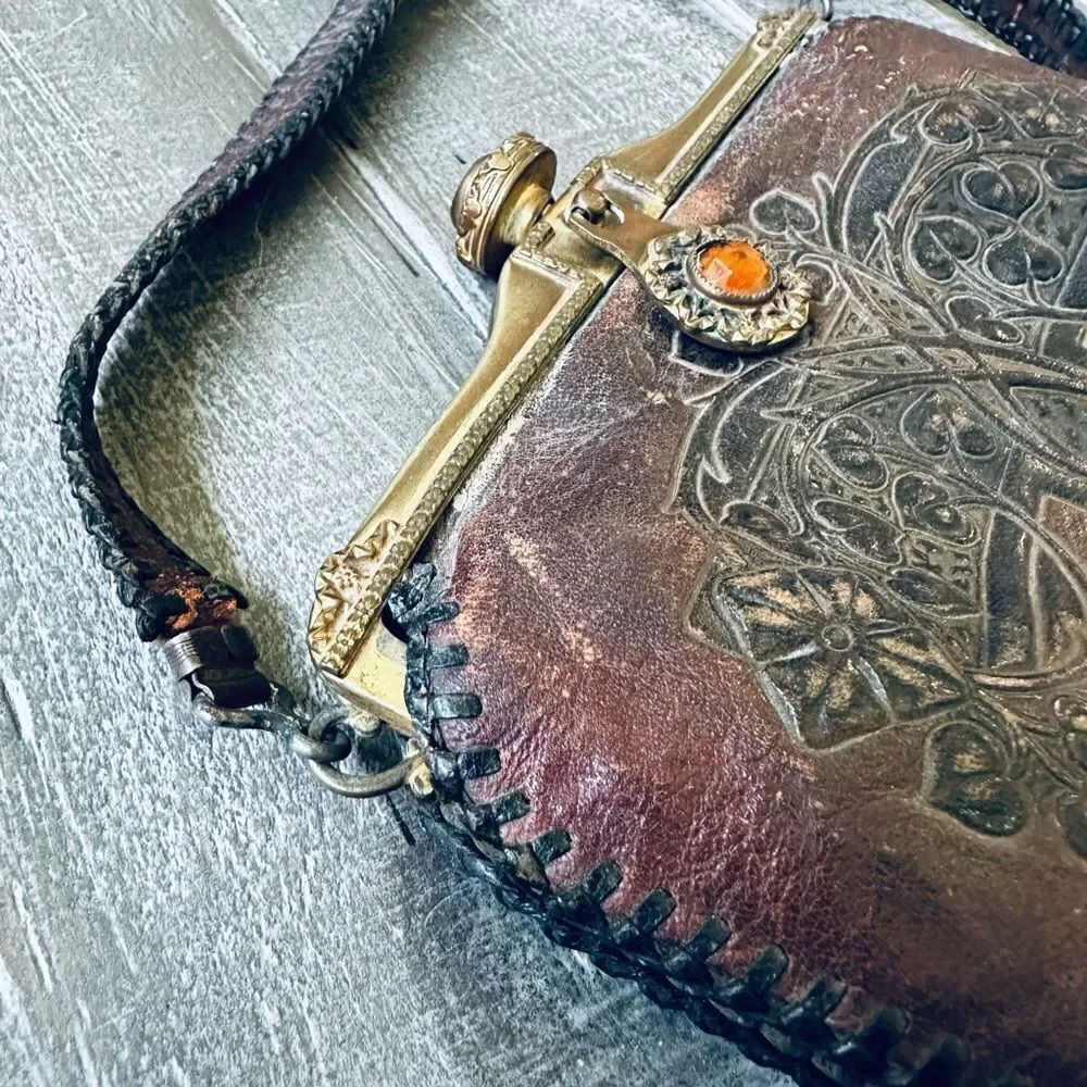 Amity Vintage Antique Leather Tooled Wallet Pouch Bag